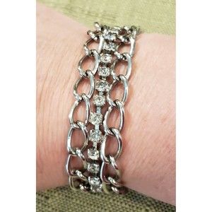 Vintage Unsigned Silver Links Rhinestone Bracelet Jewelry Wonderful Sparkly